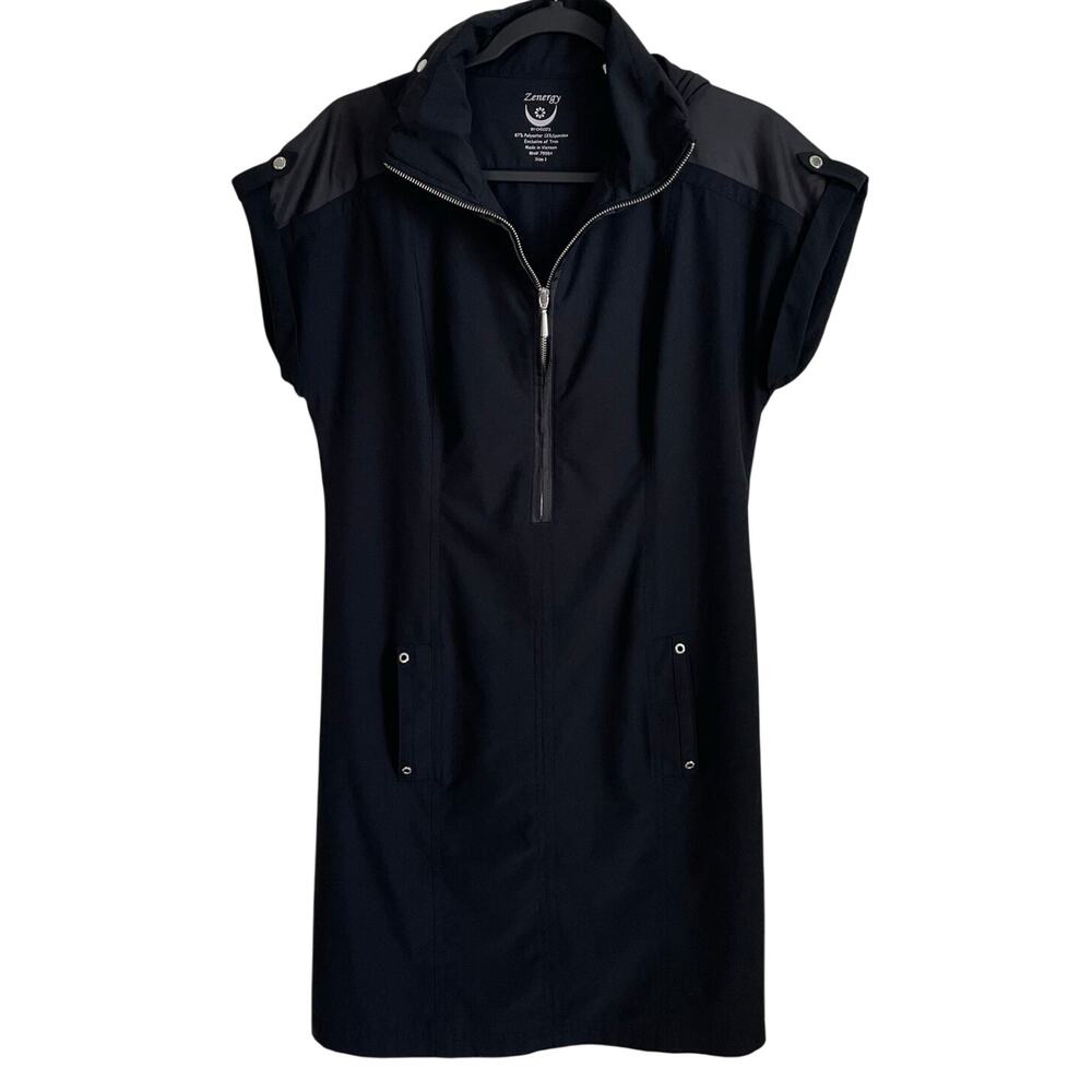 Chico’s Zenergy Sporty Hooded Dress Sz M Black Pockets Short Sleeves Stretchy